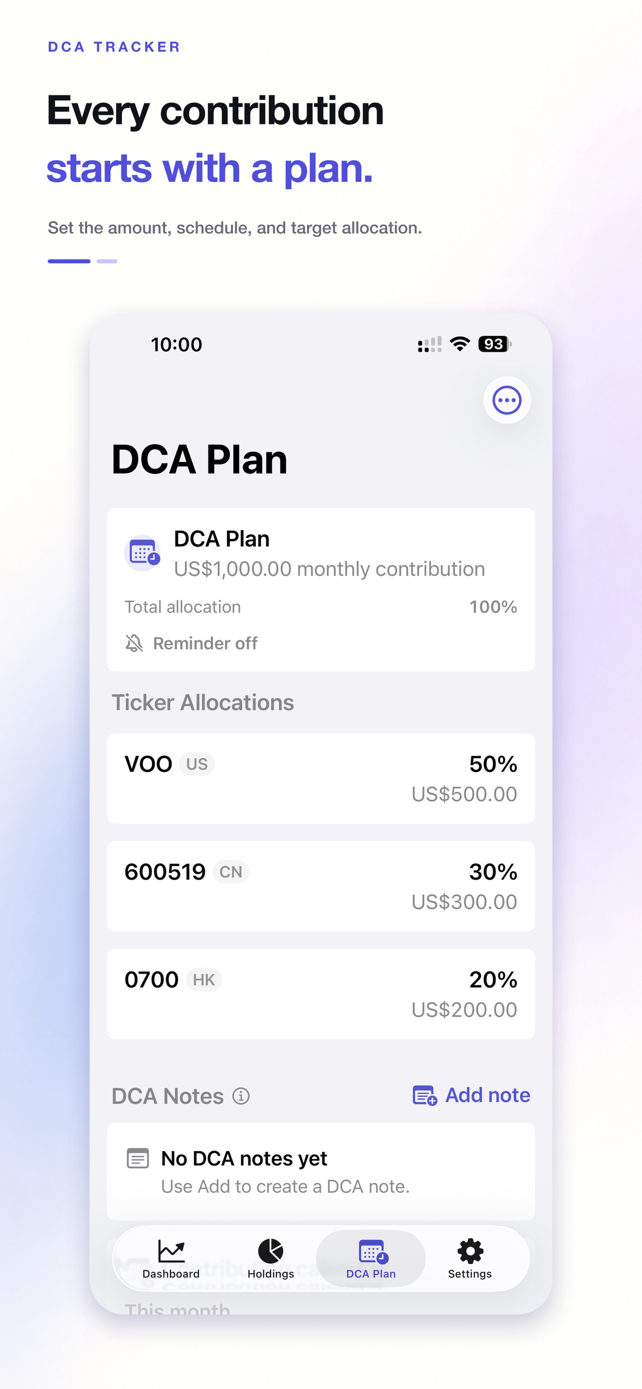 DCA Portfolio Tracker plan showing recurring contribution targets